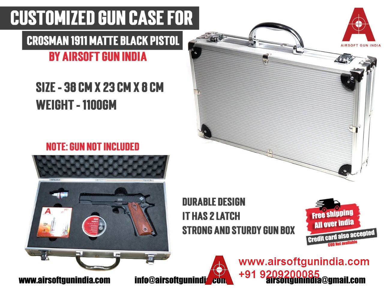 Customized Gun Case For Crosman 1911 CO2 Pellet Pistol, Matte Black By Airsoft Gun India