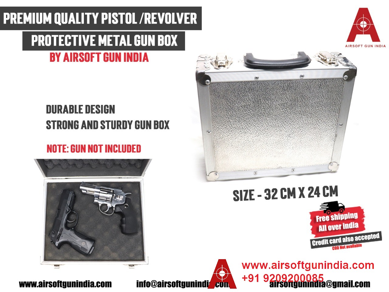 PREMIUM QUALITY PISTOL /REVOLVER PROTECTIVE METAL GUN BOX BY AIRSOFT GUN INDIA ( SILVER )