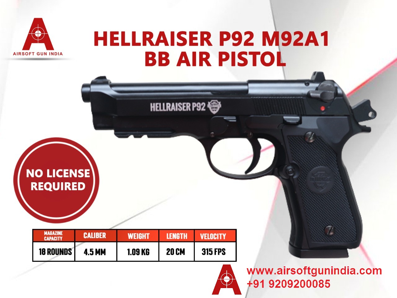 Hellraiser P92 M92A1 CO2 BB .177Cal, 4.5mm Air Pistol By Airsoft Gun India
