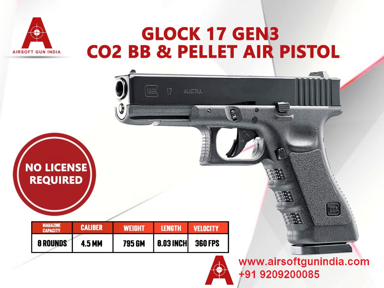 Glock 17 Generation 3 Co2 BB And Pellet .177Cal, 4.5mm Air Pistol By Airsoft Gun India
