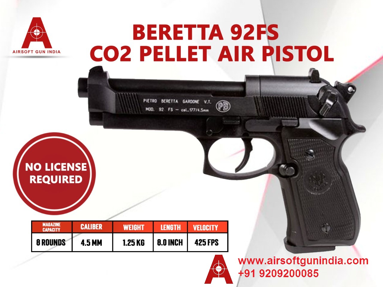 Beretta 92FS 4.5mm, .177 Cal. CO2 Pellet Air Pistol In India By Airsoft Gun India