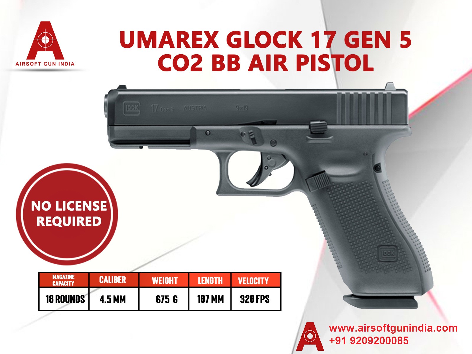 Umarex Glock 17 Generation 5 .177 Cal, 4.5mm Co2 BB Air Pistol By Airsoft Gun India